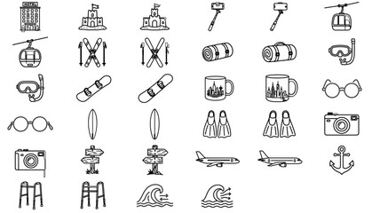 Hand traced travel adventure vector icon set with ski gondolas, beach gear, camping, hotel, camera, airplane, anchor, surfboards and wayfinding signs, 34 minimalist outline icons in one EPS © watsons