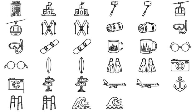 Hand traced travel adventure vector icon set with ski gondolas, beach gear, camping, hotel, camera, airplane, anchor, surfboards and wayfinding signs, 34 minimalist outline icons in one EPS