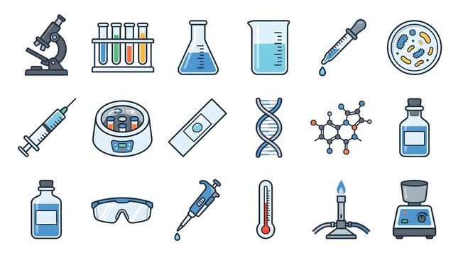 Set of colorful laboratory equipment icons featuring microscopes beakers dna molecules and various essential science tools for medical research purposes