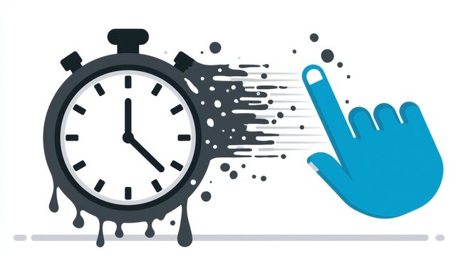 A clock spins and melts next to a hand gesture, representing the fast pace of social media content and time lost while scrolling.