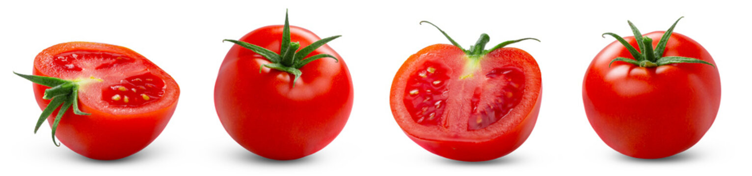isolated tomatoes set. Fresh cut in half of tomato and whole tomato isolated on white background.