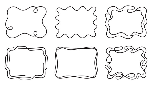 Set of minimalist hand drawn wavy rectangle frame borders