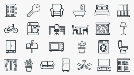 Fototapeta premium Elegant Minimalist Black and White Line Icons Set Featuring Home Furniture Appliances and Lifestyle Essentials