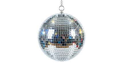 Fototapeta premium A disco ball hanging from a chain, reflecting colorful sparkling light flares against a PNG background.