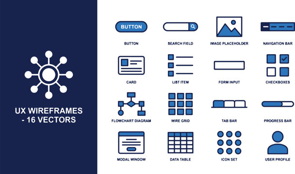 Professional UX wireframe vector icon set featuring user interface components like buttons, search fields, checkboxes, and progress bars