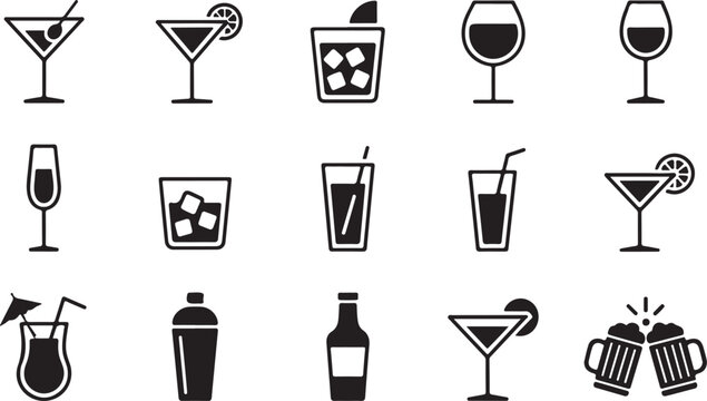Black and white drinks icon set with martini glasses