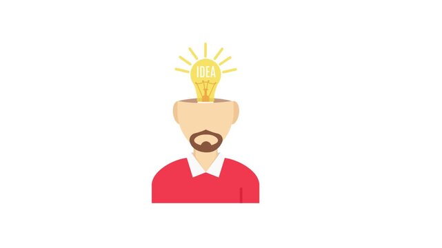 Flat vector business man animation with creative idea lightbulb emerging from head