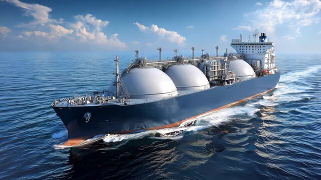 A vessel moves through the ocean transporting liquefied natural gas with multiple large tanks visible on deck under a blue sky