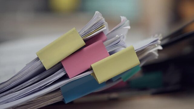 Close-up video of archived business records and organized office documents stored in binders with index tabs. Ideal for illustrating document management, corporate administration, compliance, filing s