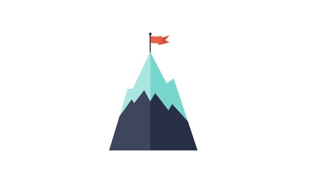 Flat vector mountain peak animation with a red flag planting on the summit for success concept