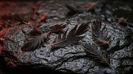 Fototapeta premium Burnt feathers lie on charred remains after intense heat destruction event outdoors