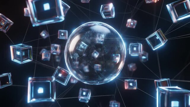 A central luminous sphere surrounded by transparent glowing cubes connected by thin lines, symbolizing futuristic data networks, quantum computing, and digital connectivity.