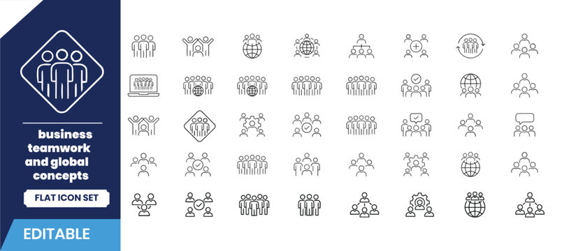 Business teamwork and global concepts flat icon set