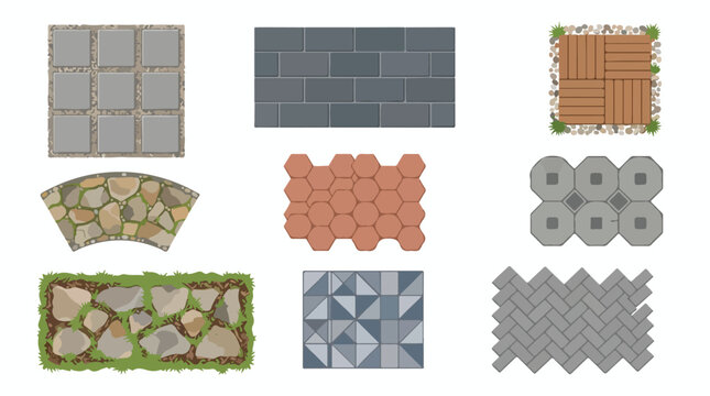 Paving stone patterns and garden walkway textures set, 9 vector paving material icons, stone patio tiles and brick pavement samples for landscaping