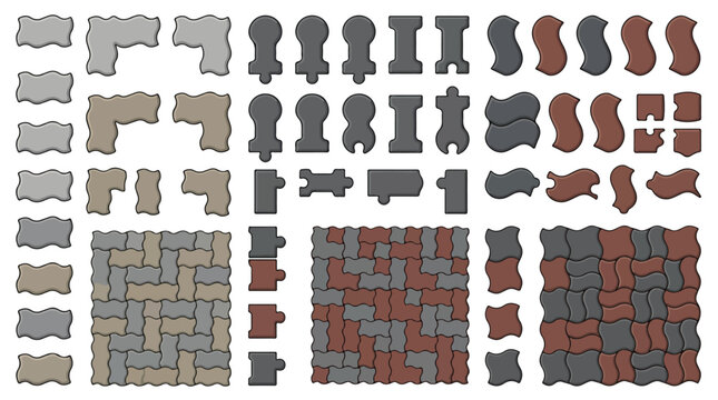 Concrete paving blocks set, interlocking stone pavers for landscaping and patio design, grey and terracotta sidewalk brick vector collection