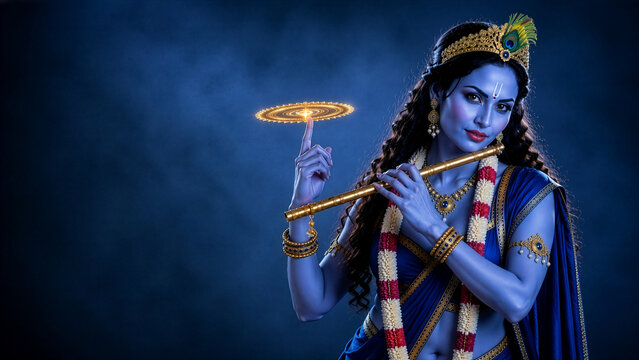 Krishna Inspired Divine Indian Woman Holding Sacred Flute and Sudarshan Chakra in Mythological Portrait with Dramatic Blue Background