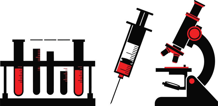 Medical test tubes syringe and microscope icon set