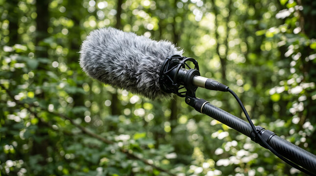 Shotgun microphone with a furry windjammer on a boom pole recording sounds in a lush green forest with bokeh background