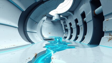 Fototapeta premium Futuristic tunnel interior. Blue liquid flows through metallic structure. Dim lighting creates dramatic perspective. Clean lines, industrial design.