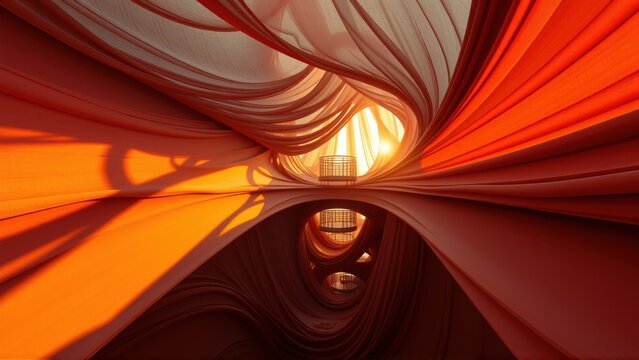 Abstract tunnel, flowing ribbons, warm colors. Dramatic lighting creates depth, illusionary space. Orange, red hues dominate composition.