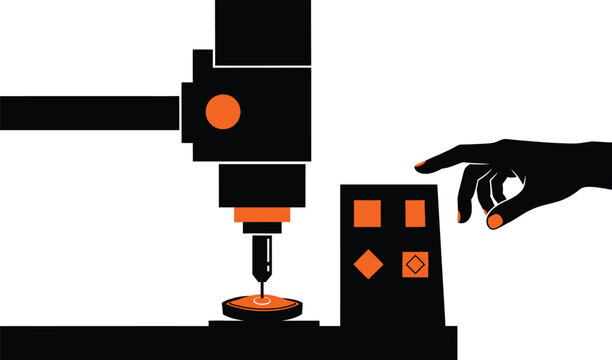 Human hand pressing button to start industrial machine