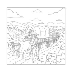 Obraz premium Vintage Line Drawing Cowboy Guiding Covered Wagon With Oxen on Rural Pathway
