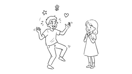 Fototapeta premium Happy Boy Excitedly Showing a Juggling trick to a Smiling Girl Cartoon Line Drawing of Young Romance, Cheerful line-art illustration of a boy excitedly juggling for girl
