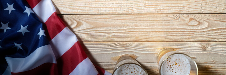 Fototapeta premium American beer banner with USA flag and rustic wooden texture