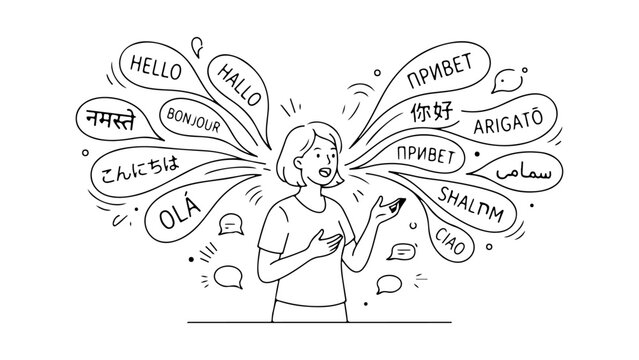 multilingual woman speaking greetings in many languages illustration for language learning and communication on white background