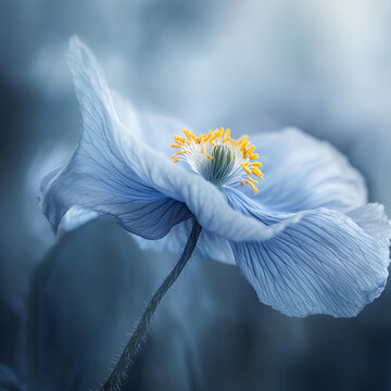 Gentle blue blossom with tender petals enveloped in a whimsical and serene ambiance