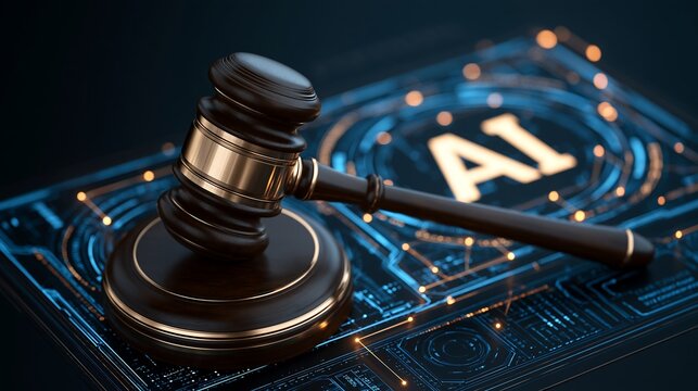 Gavel sits on a blue glowing electronic tablet showing advanced circuitry and artificial intelligence code patterns.