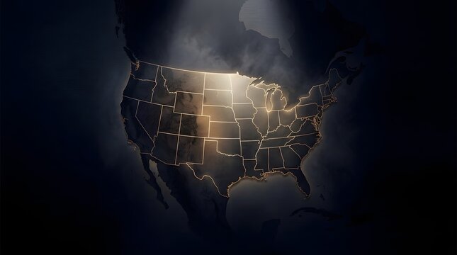 Illuminated map of the United States with highlighted regions