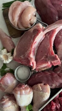 Various fresh raw meat. Top view	