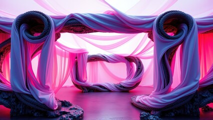 Fototapeta premium Abstract interior. Soft pink, purple hues dominate. Fluid shapes create organic tunnel, cavelike space. Dramatic lighting, modern design.