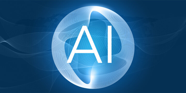 AI letters centered inside a glowing futuristic three dimensional blue sphere with translucent surface made of abstract flowing lines. Design template, icon symbol on dark background 