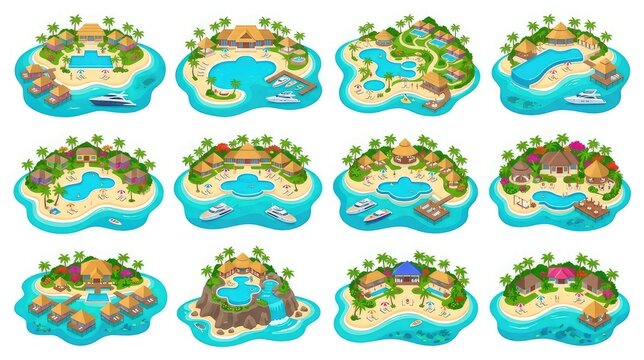 Collection of 12 tropical island resort illustrations with various beach and water features