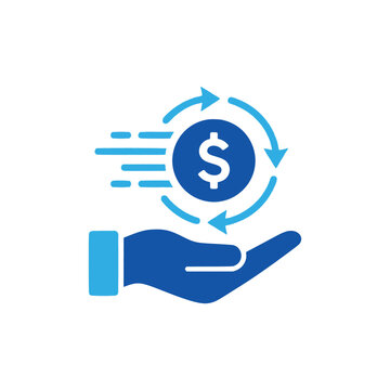 Cashback rewards icon with hand and dollar coin, money back guarantee vector, financial return and refund service symbol for banking and e-commerce