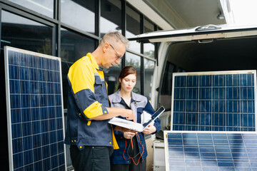 Two solar engineers using a laptop beside an installation vehicle to plan a photovoltaic project....