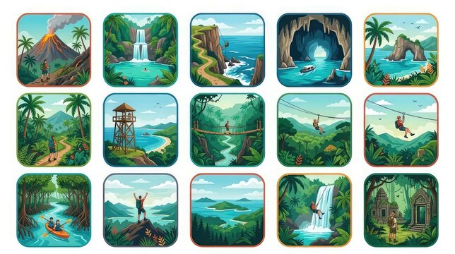 Tropical adventure collection vector illustrations of exotic landscapes and outdoor activities