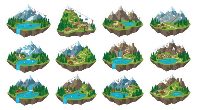 Mountain resort landscape illustrations with lakes trees and ski lifts