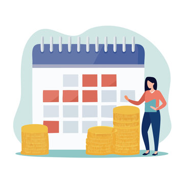Woman planning finances with calendar and money sacks