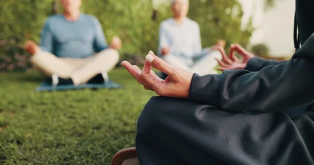 Fototapeten Lotusblume Hands, people and meditation in backyard for yoga, fitness and inner peace for mindfulness. Woman, couple or yogi session in home with lotus pose, spiritual healing and technique for holistic balance  © peopleimages.com