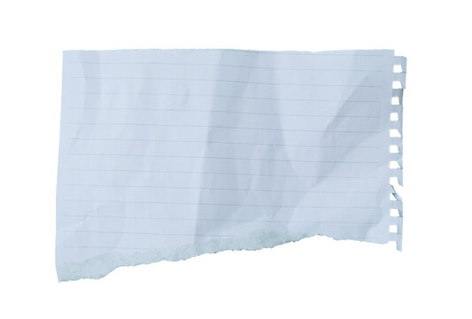Sheet of lined white paper, Torn piece crumpled isolated transparent background.