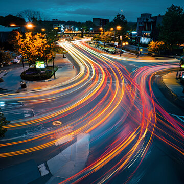 Vibrant city skyline at night featuring light trails from moving vehicles at a busy intersection