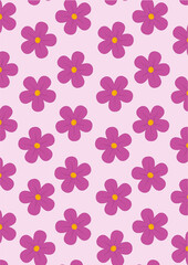 Fototapeta premium Cute purple flowers seamless pattern background vector illustration, simple retro 90s Y2K floral aesthetic backdrop with small violet blossoms on pastel pink background for wallpaper design