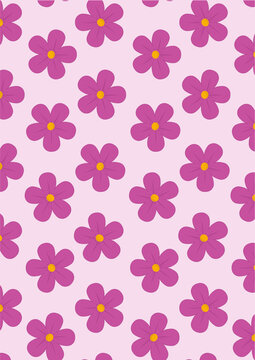 Cute purple flowers seamless pattern background vector illustration, simple retro 90s Y2K floral aesthetic backdrop with small violet blossoms on pastel pink background for wallpaper design