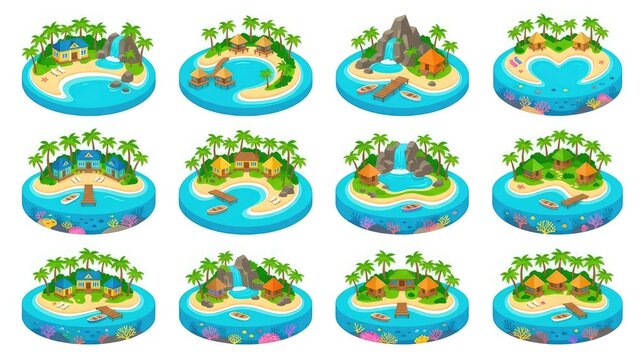 Collection of 12 cartoon tropical island scenes with palm trees and huts