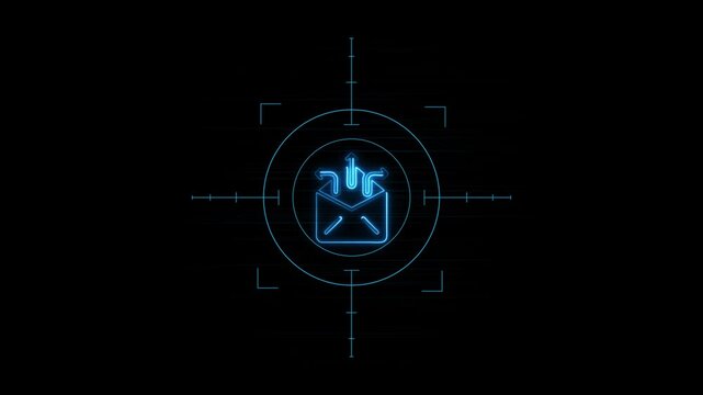 Neon glowing email envelope with spreading outbound arrows icon inside target scope on black background.