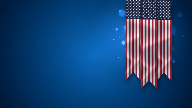 Three vertical american flag banners hanging against a dark blue background, with soft glowing, light bokeh circles, and a clean, empty space