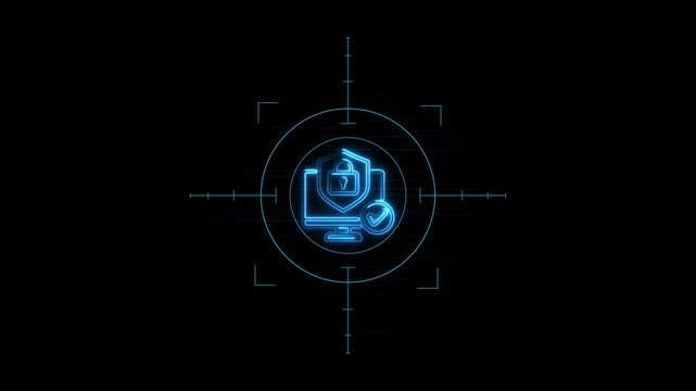 Neon glowing computer monitor with secure shield padlock and checkmark icon inside target scope on black background.